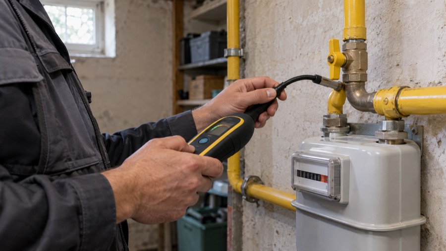 Keuring gasinstallatie: technicus meet de gasleiding en de gasmeter na met een gasdetector