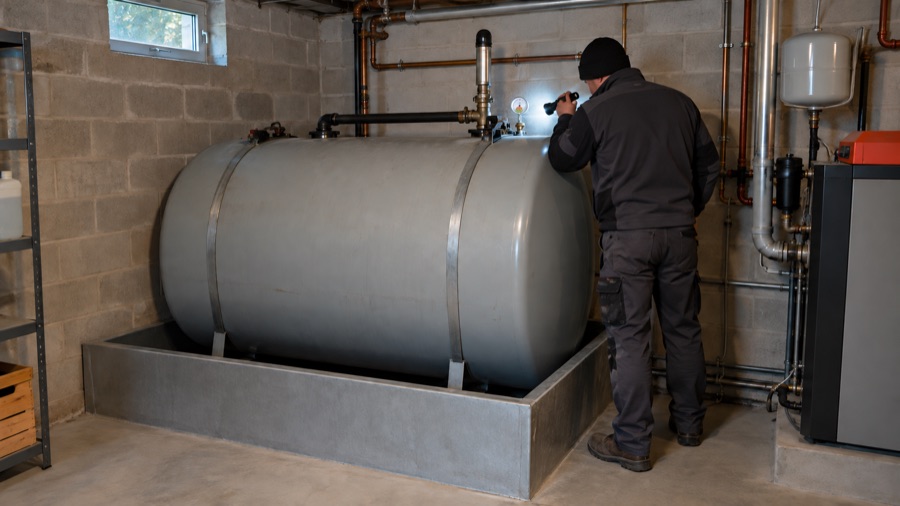 Keuring stookolietank: technicus controleert een bovengrondse mazouttank met inkuiping in de kelder
